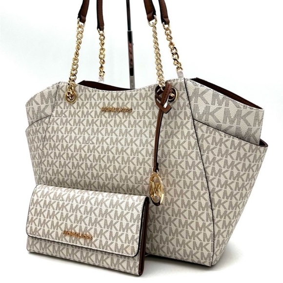 Michael Kors Large Jet Set Travel Chain Shoulder Bag & Trifold Wallet Vanilla - Picture 3 of 14